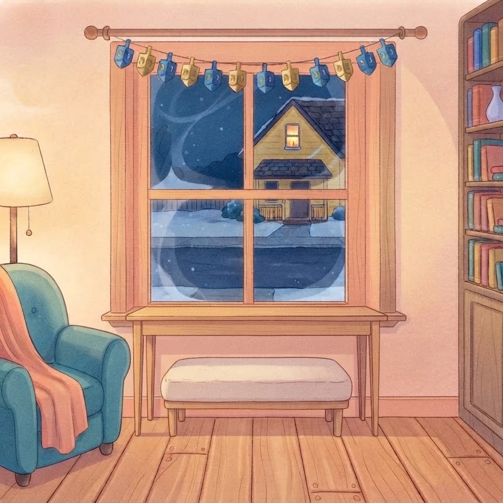 A watercolor living room at night with a lit menorah in the front window